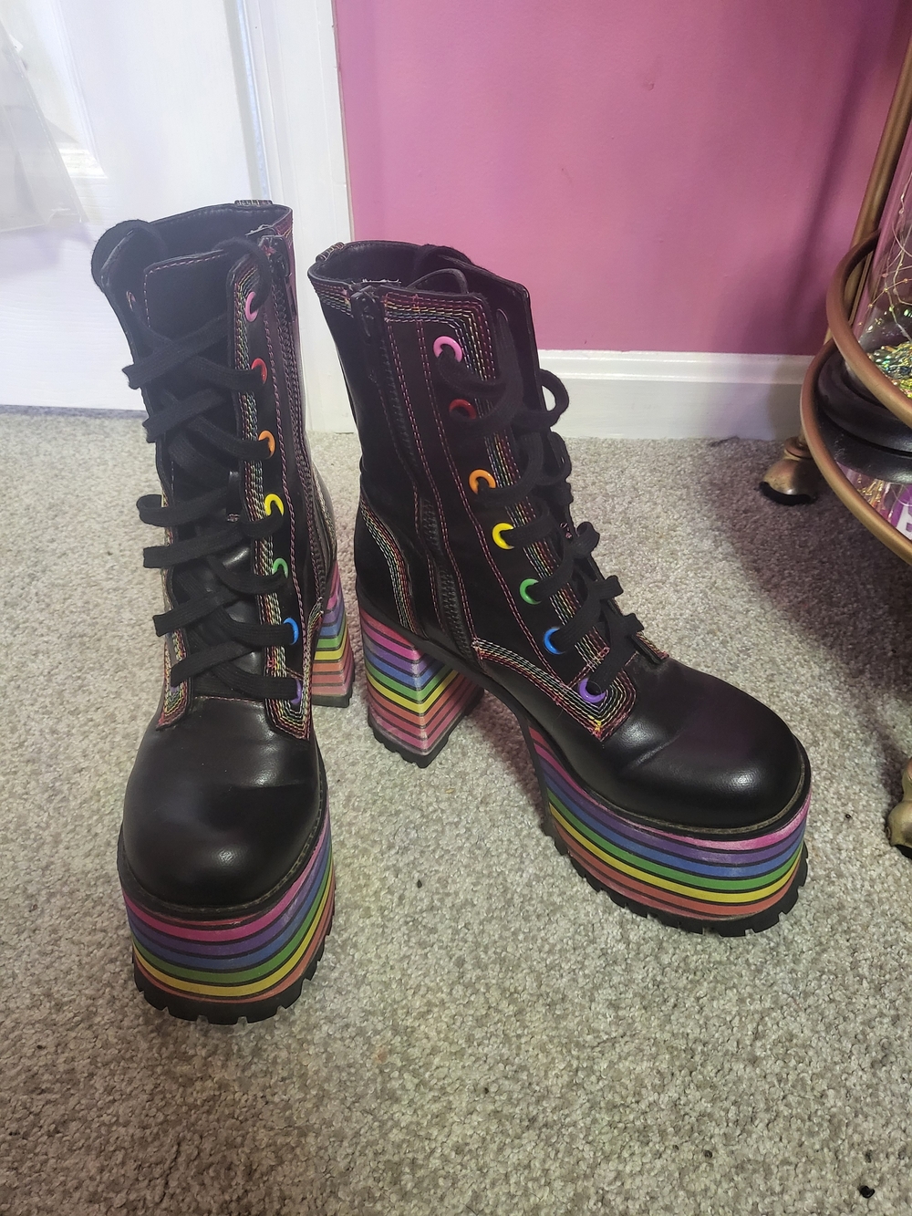 Black Rainbow Platform Lace-Up Boots